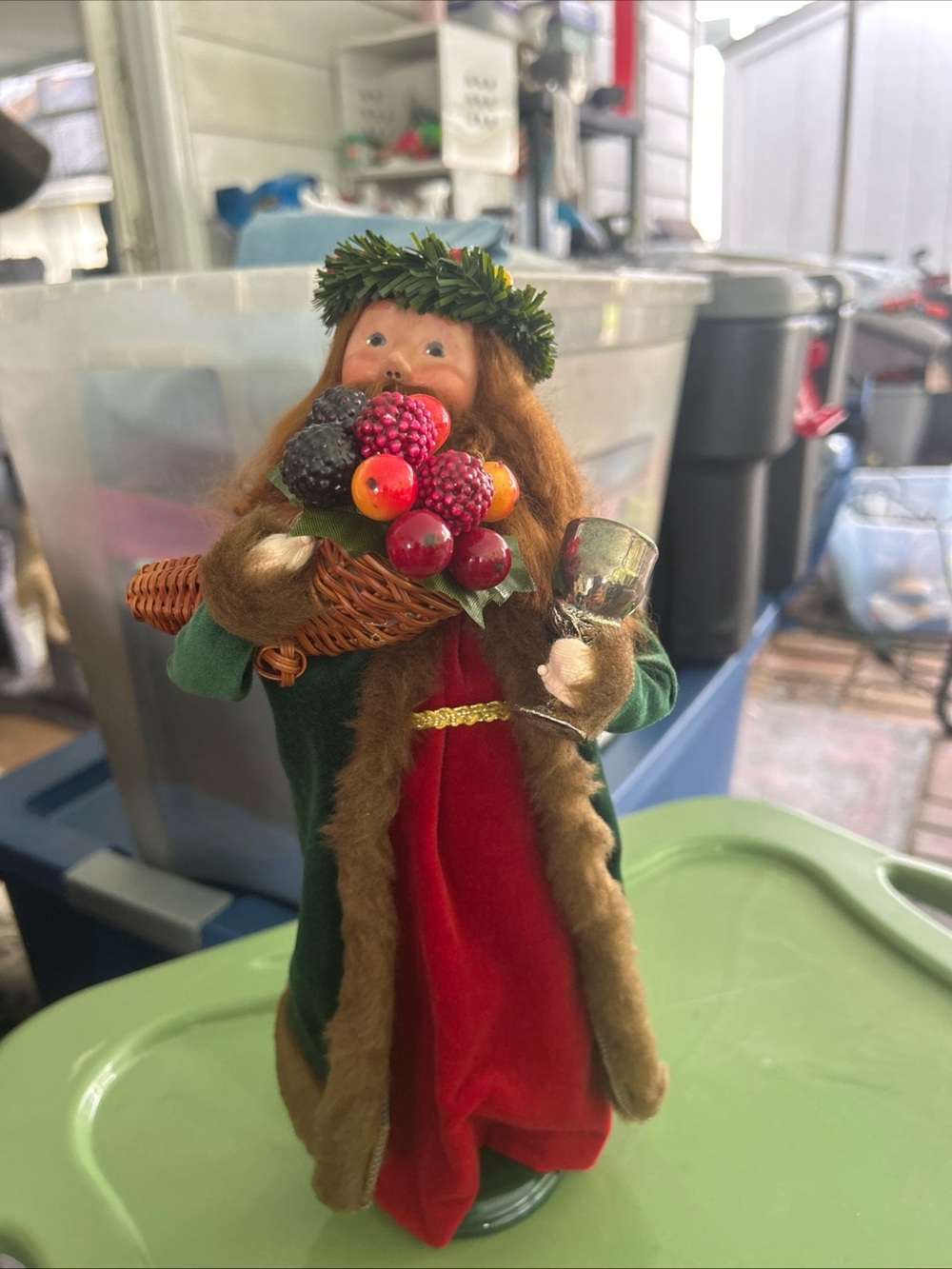 Byers choice figurine with Red Dress and Green Cloak - Signed